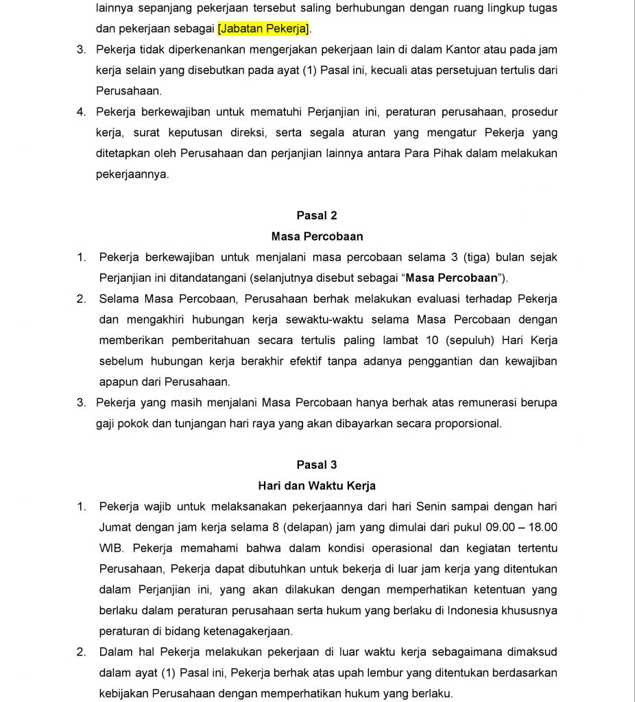 Contoh Surat Kesepakatan Kerja